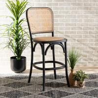 Baxton Studio B23-Black-Beechwood/Rattan-CS Vance Mid-Century Modern Brown Woven Rattan and Black Wood Cane Counter Stoolc